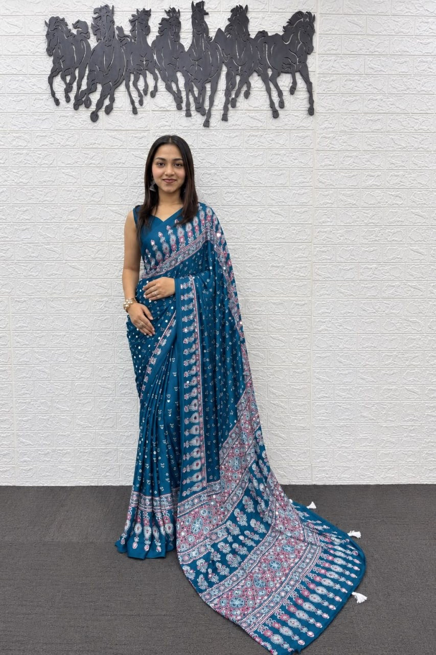 SOMIYA Teal Blue — actual saree draped on supplier model