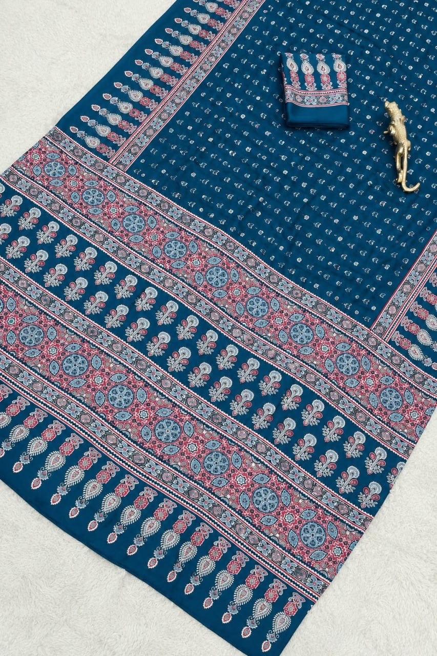 SOMIYA Teal Blue — actual saree fabric and print detail