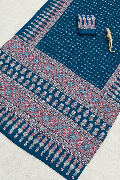 SOMIYA Teal Blue — actual saree fabric and print detail