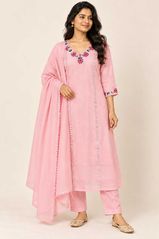SONALI Blush Pink Mul Chanderi Kurti Set - Model front