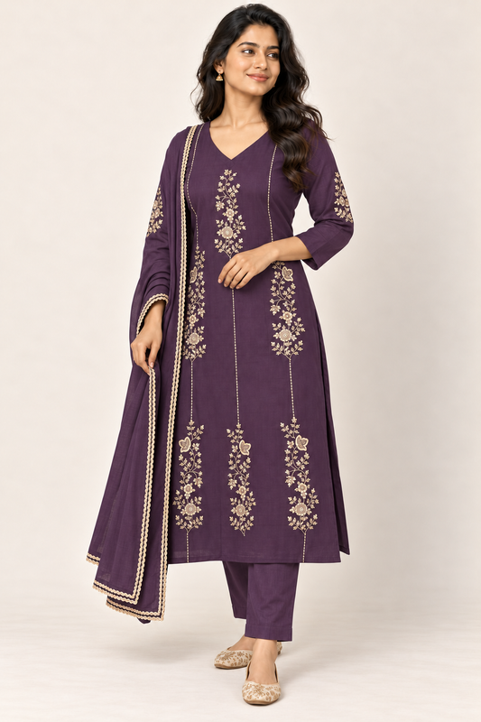 SUVIRA Floral Kurti Set in Purple
