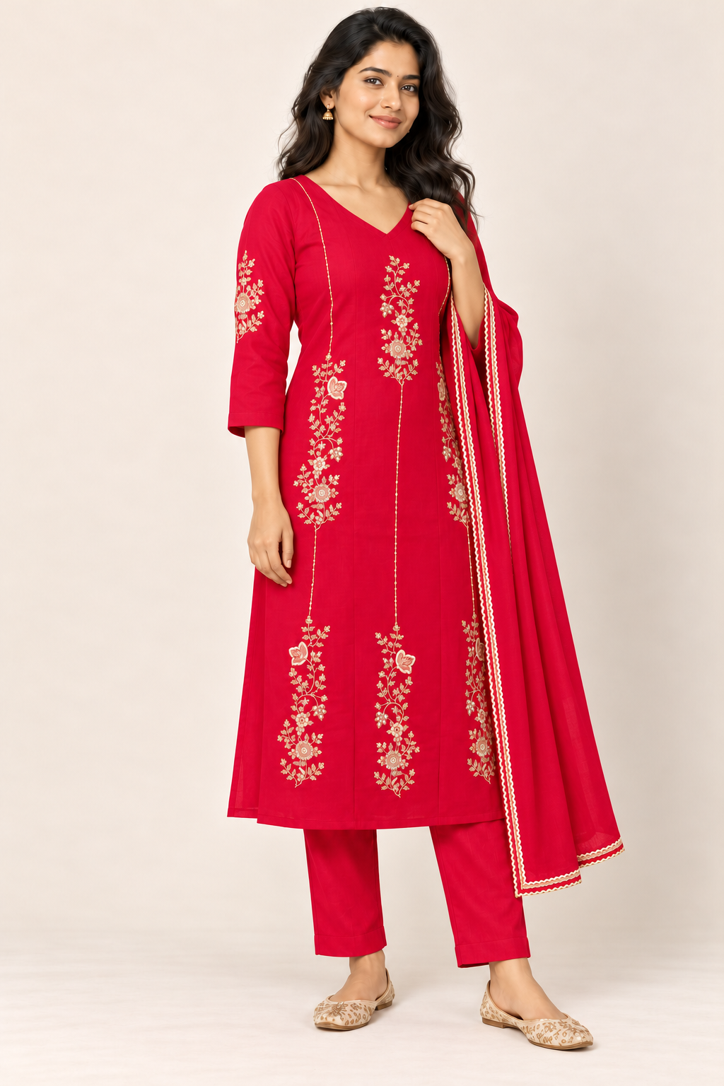 SUVIRA Floral Kurti Set in Red