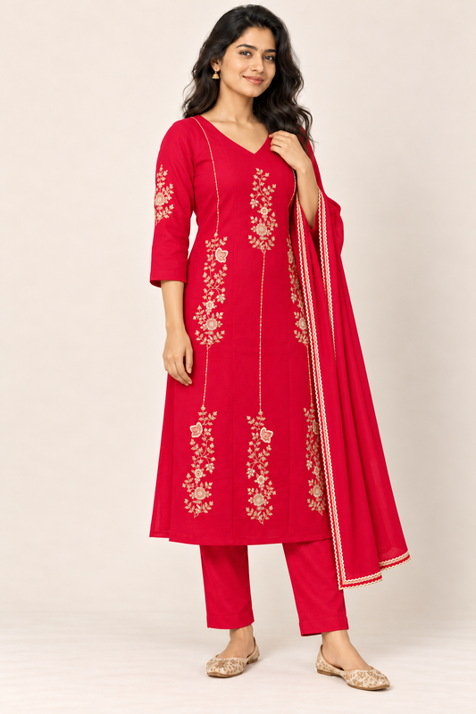 SUVIRA Floral Kurti Set in Red