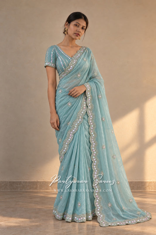 VANESA 2.0 Aqua Blue saree — watermarked model photo