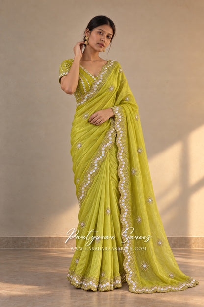VANESA 2.0 Chartreuse Yellow saree — watermarked model photo