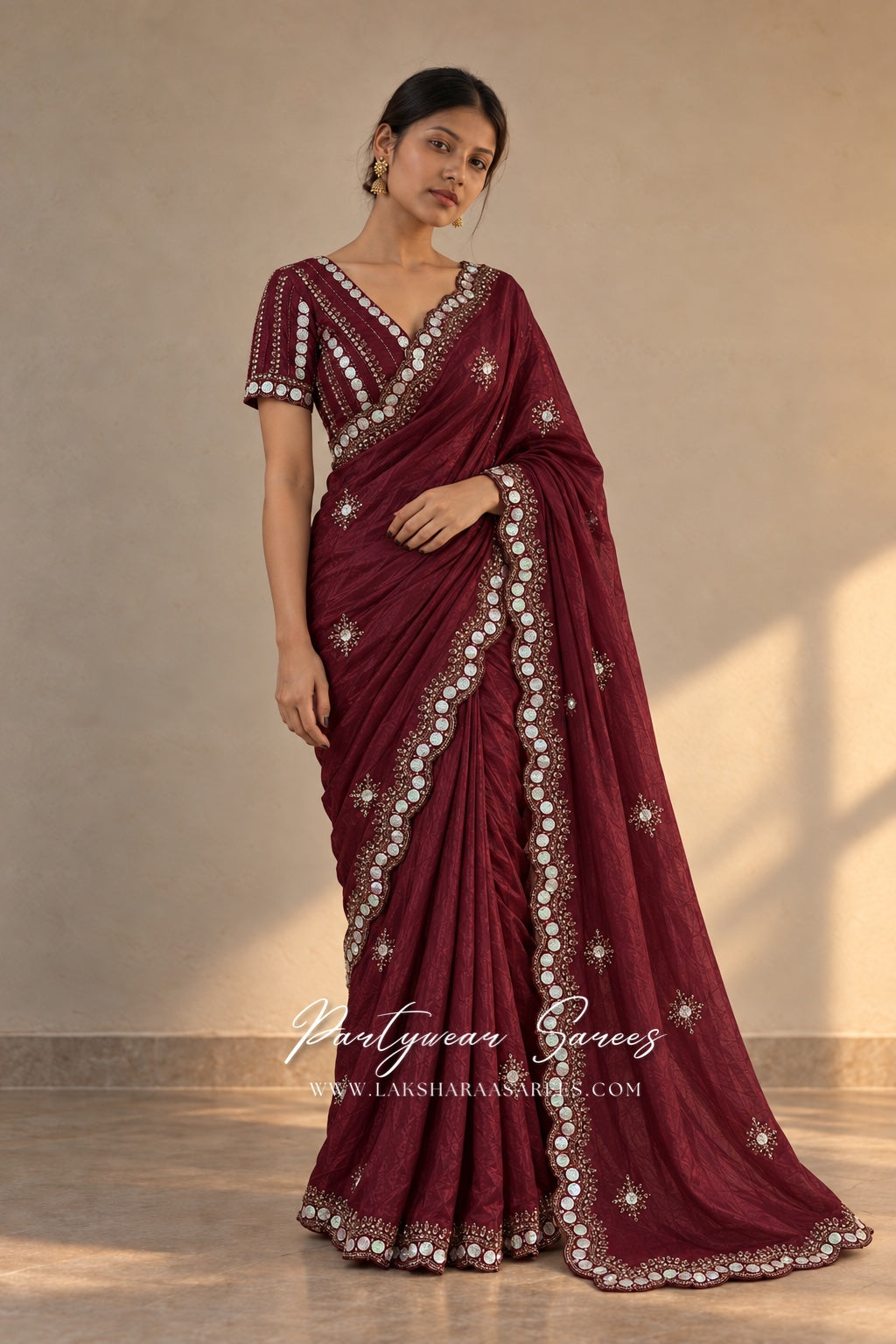VANESA 2.0 Wine Maroon saree — watermarked model photo