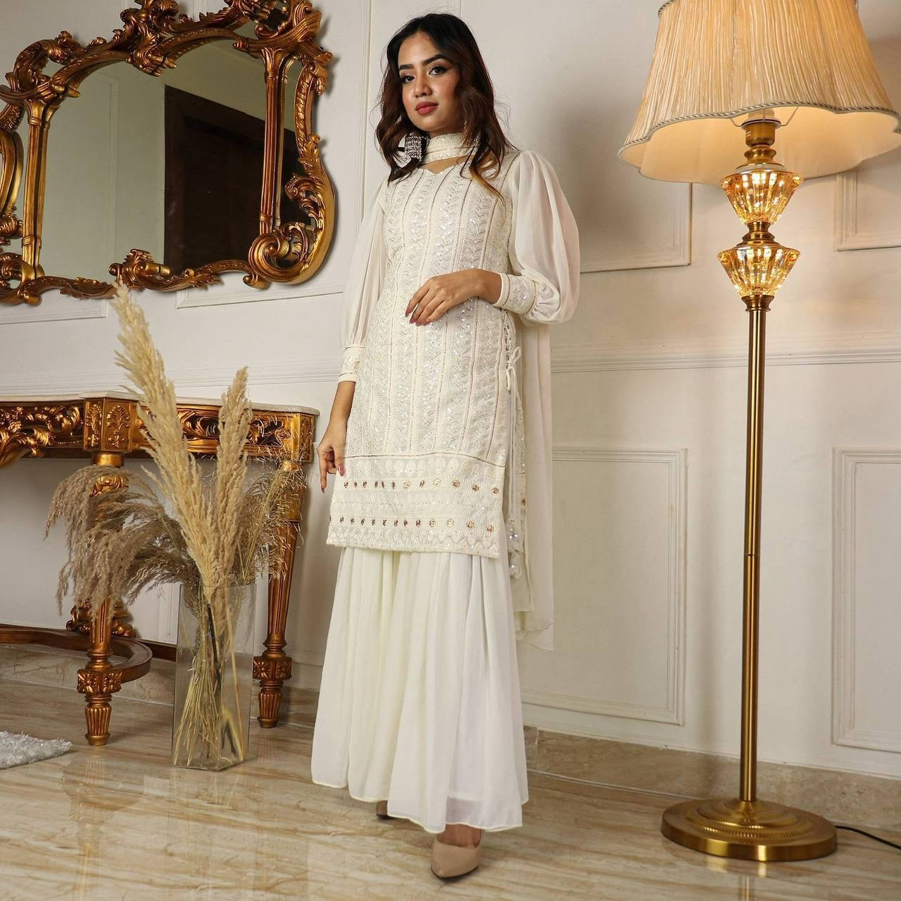 White Dove Lucknowi Sharara Suit