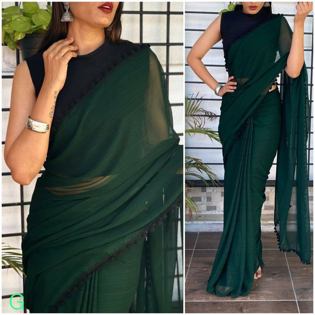 Cute Pom Pom Chiffon Saree