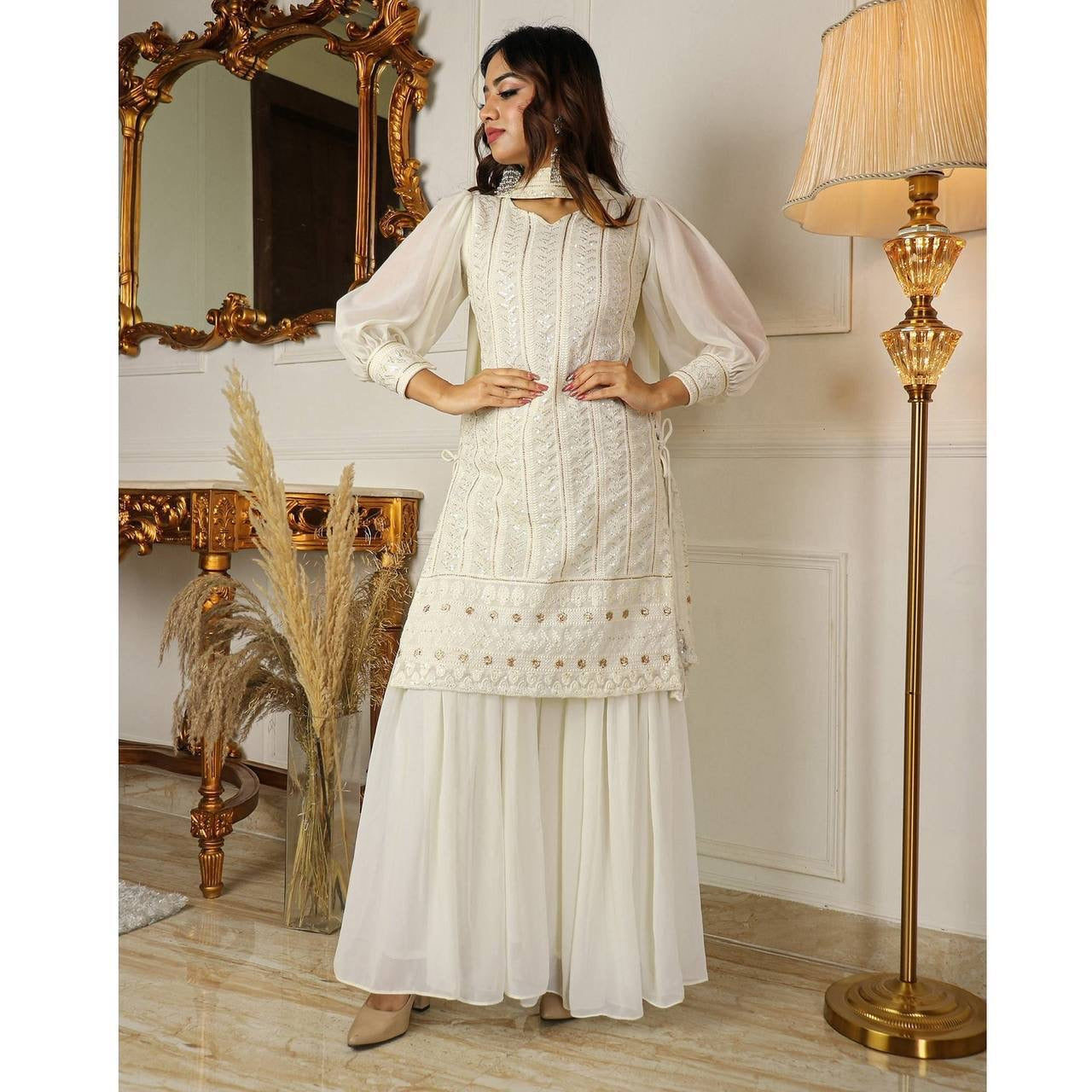 White Dove Lucknowi Sharara Suit