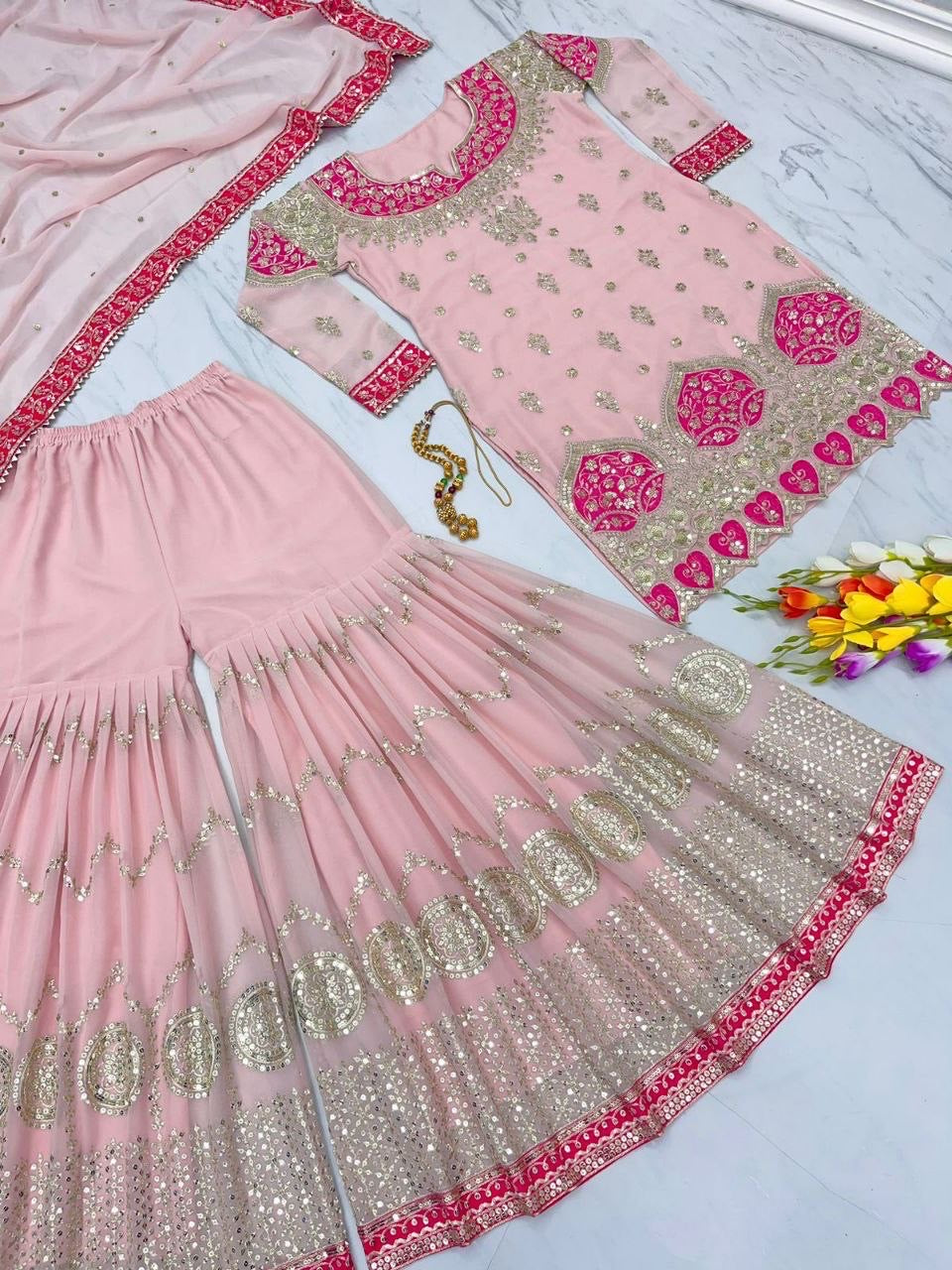 Hira Sweet Pink X Gold Sharara Suit