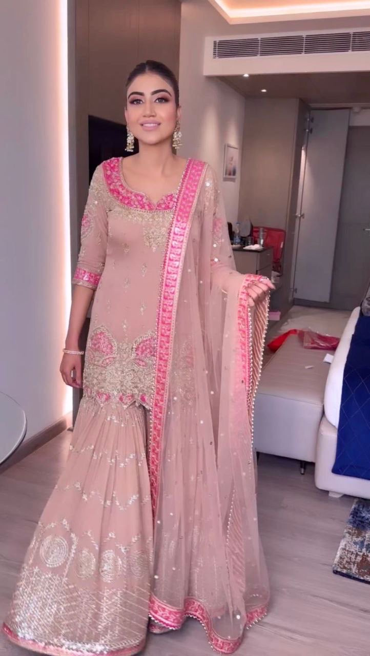 Hira Sweet Pink X Gold Sharara Suit